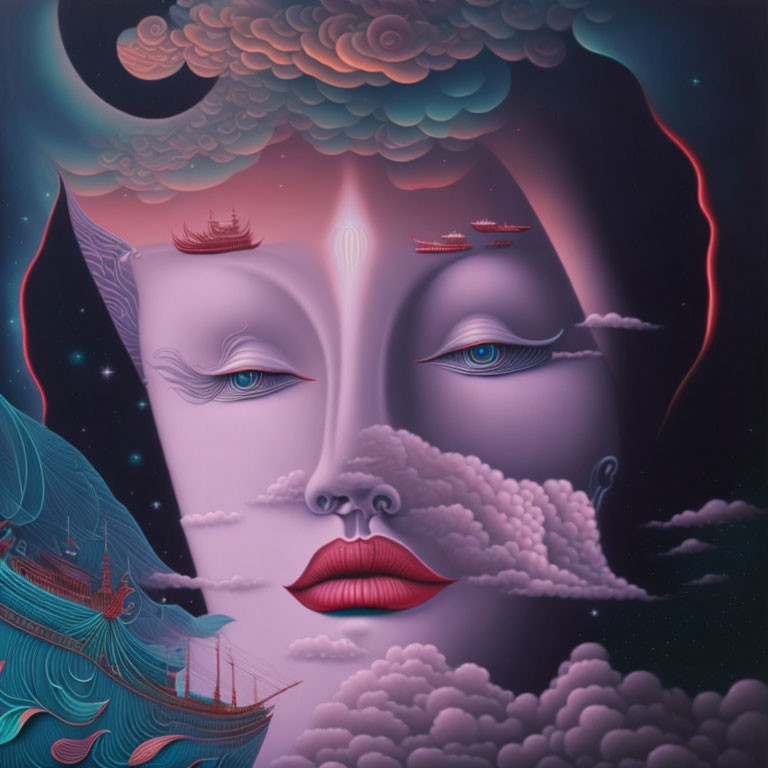 Surreal digital artwork: Multi-layered face, ship on waves, crescent moon, night