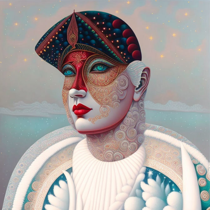 Surreal portrait of figure with patterned skin and cosmic headwear