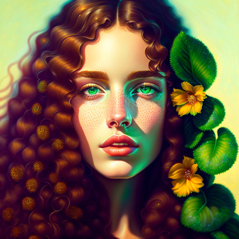 Digital portrait of woman with curly hair, green eyes, freckles, and adorned with yellow flowers