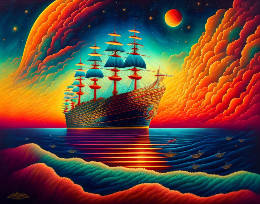 Colorful tall ship painting with surreal sky and celestial bodies