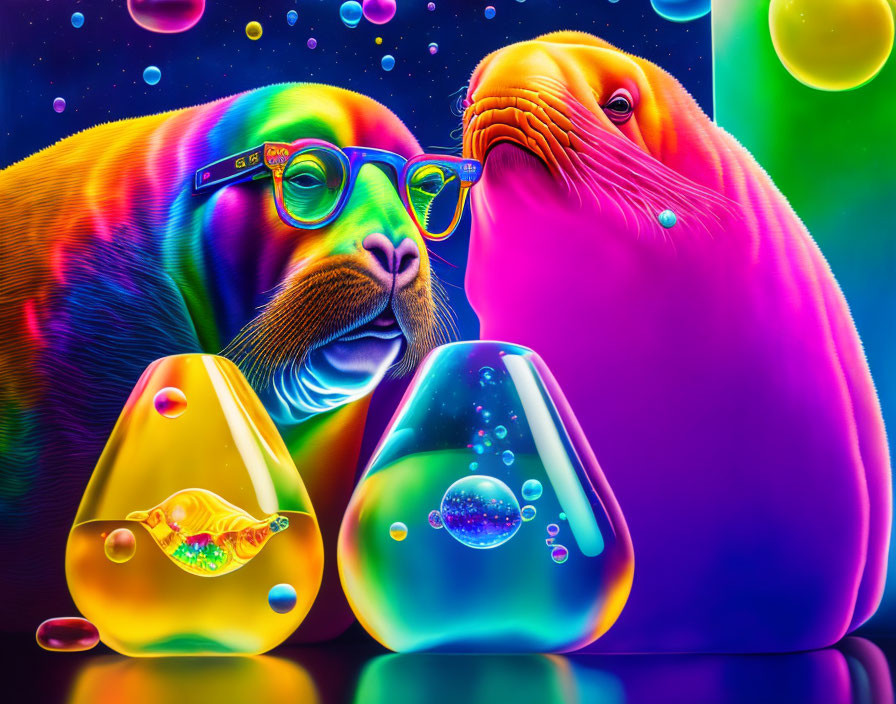 Colorful digital artwork of stylized walruses in cosmic setting with glistening stones