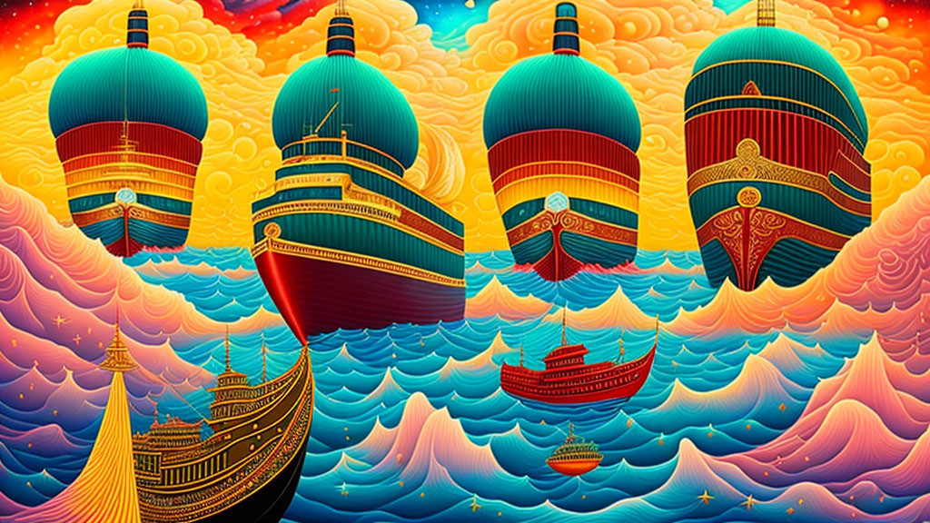 Colorful ships sailing on patterned seas under an orange and yellow sky