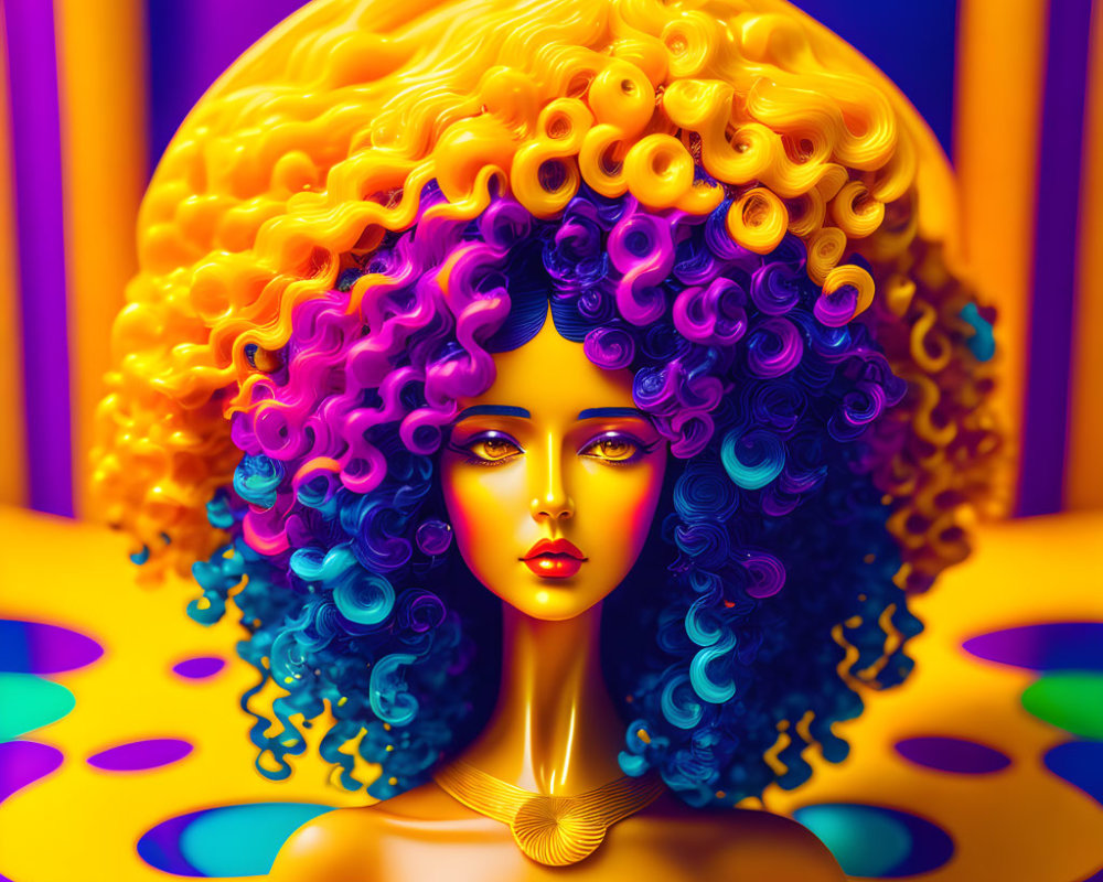 Colorful digital illustration: Woman with vibrant curly hair, dramatic makeup, gold necklace on striped backdrop