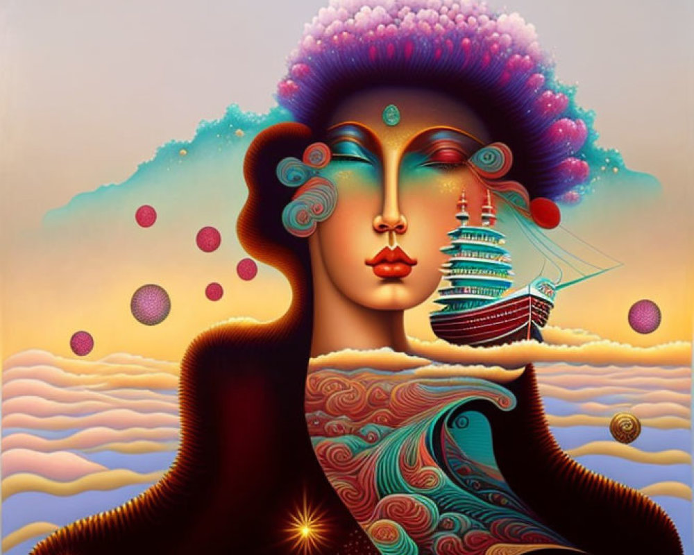 Colorful surreal portrait of woman with stylized afro and ship sailing on clouds.