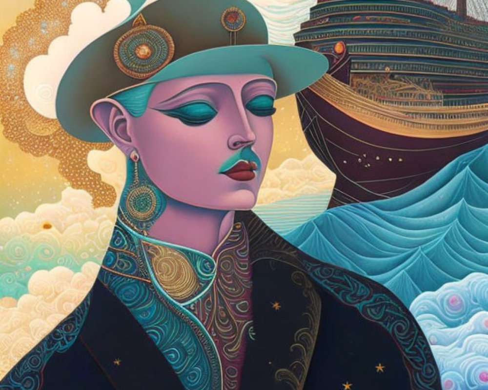 Stylized woman with wide-brimmed hat and sailing ship in starry sky