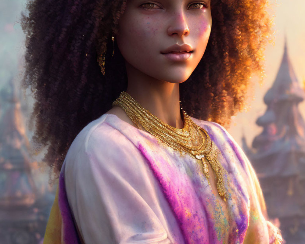 Young woman with curly hair and fine jewelry in colorful garment against warm, golden-hour backdrop.