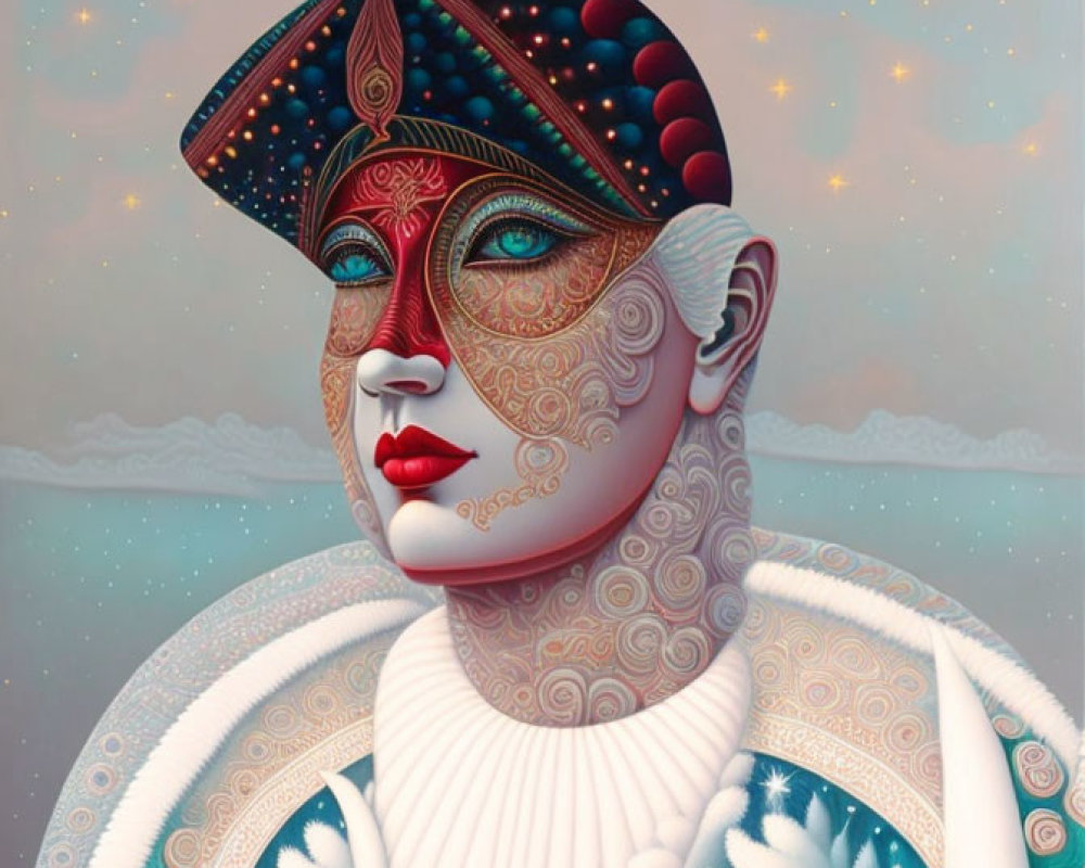 Surreal portrait of figure with patterned skin and cosmic headwear