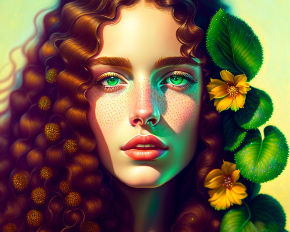 Digital portrait of woman with curly hair, green eyes, freckles, and adorned with yellow flowers