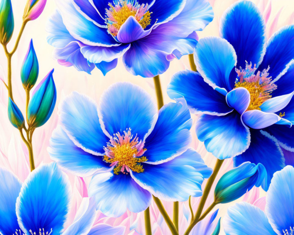 Vibrant blue flowers with pink highlights on soft pink background, with yellow centers and green buds.