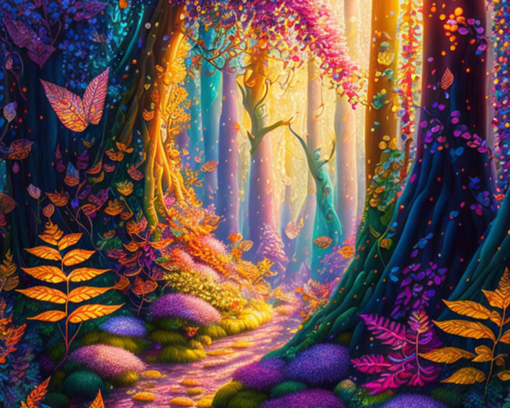 Enchanted forest with multicolored foliage and butterflies