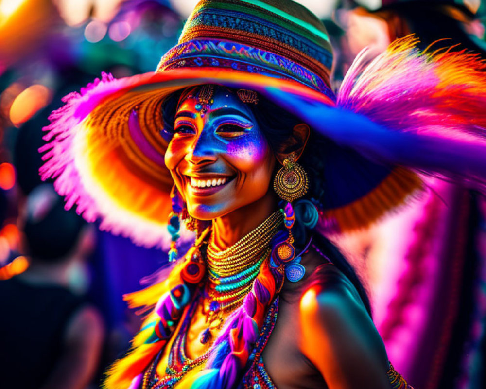 Colorful Festival Attire Portrait of Woman with Striped Hat