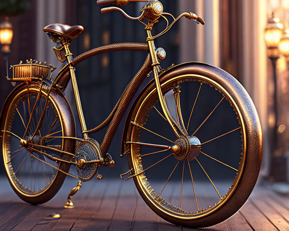 Vintage-style Bicycle with Golden and Brown Accents on Cobblestone Street