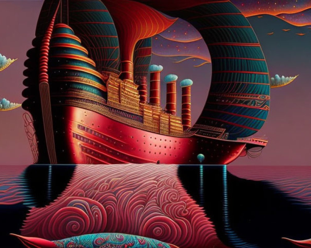 Surrealistic painting of ship with looped architecture on wavy seas under floating shells and strat