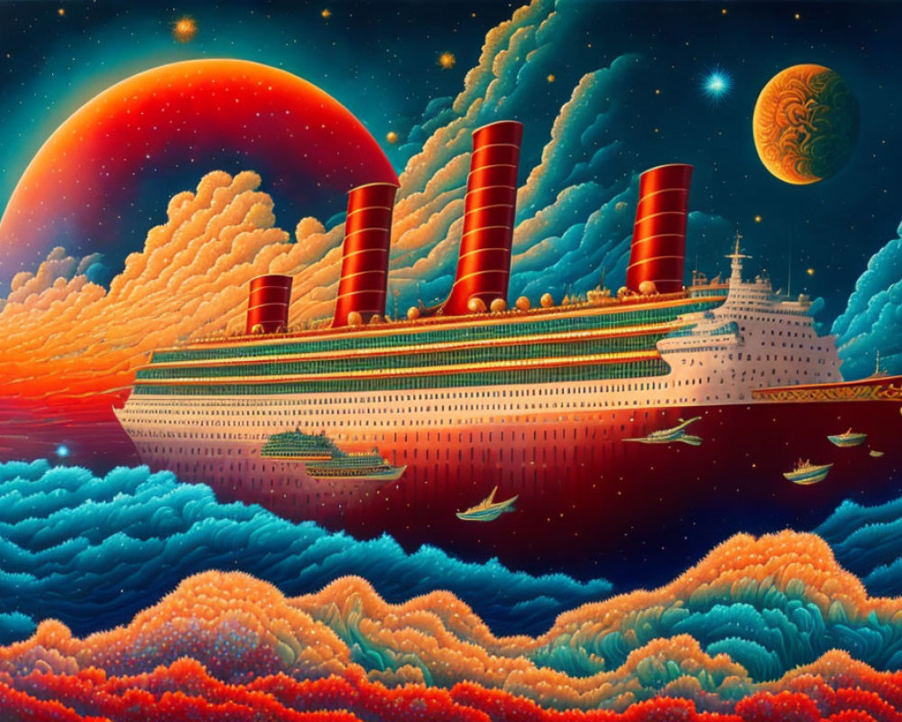 Surreal illustration: giant ocean liner above vibrant waves, red sun, green moon, starry