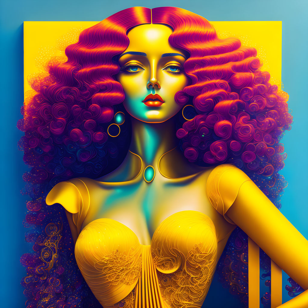 Colorful illustration of woman with red hair and gold skin on blue and yellow backdrop.