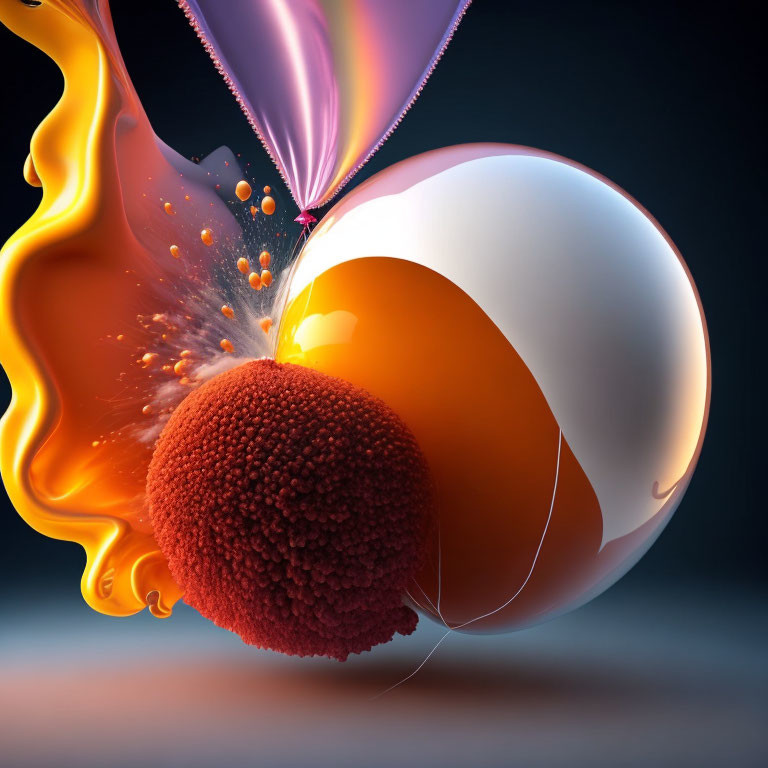 Surreal image: white sphere, orange fluid, liquid fire splash, red ball, purple butterfly