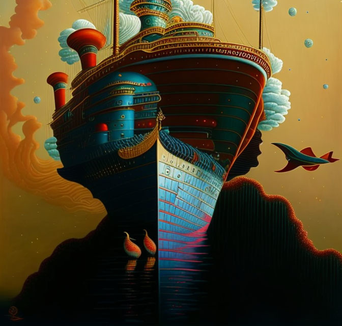 Surrealist ship with ornate decks above hilly terrain