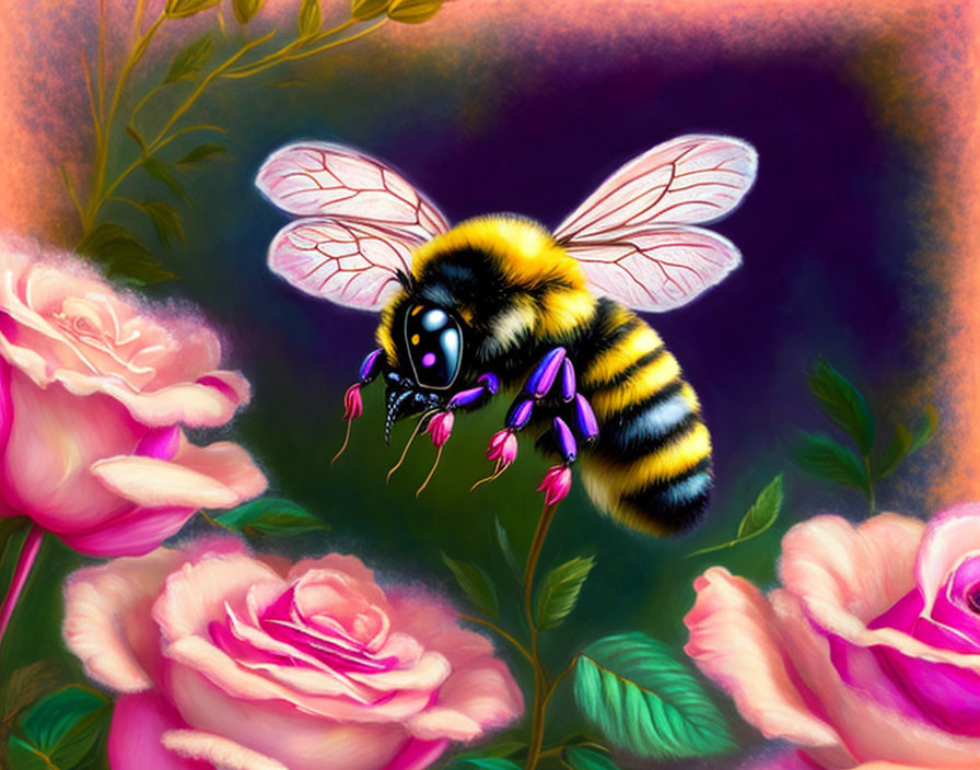 Colorful Bee Pollinating Pink Roses on Dark Background