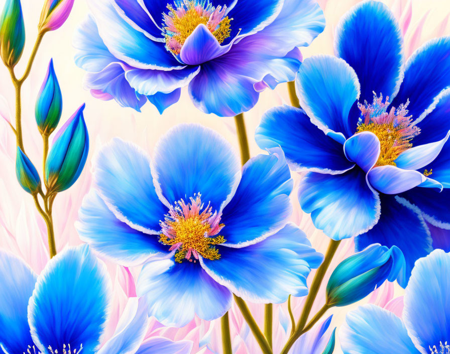 Vibrant blue flowers with pink highlights on soft pink background, with yellow centers and green buds.