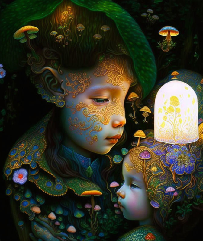 Surreal illustration of figures with mushroom and plant-like features in dark, enchanted setting