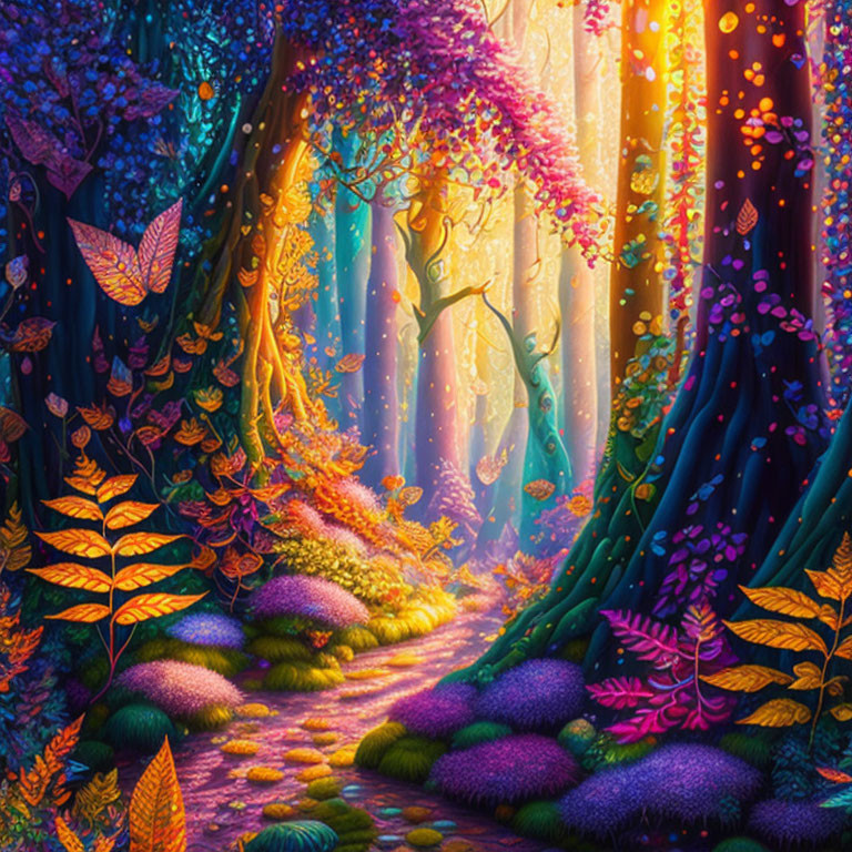 Enchanted forest with multicolored foliage and butterflies