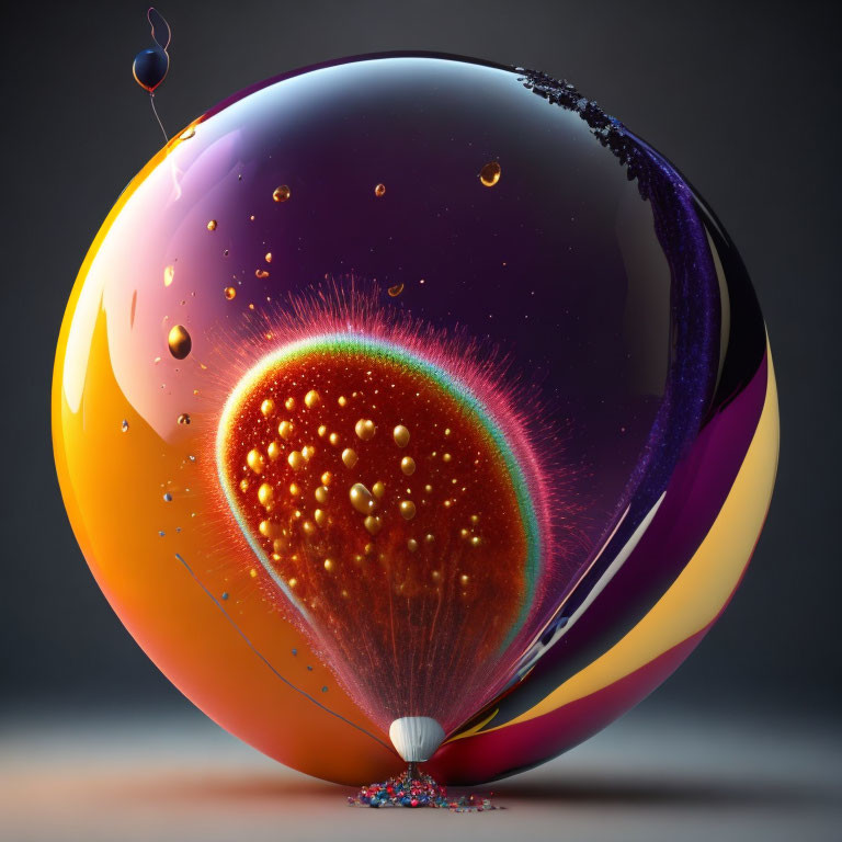 Colorful Glossy Orb with Rainbow Burst and Liquid Droplets on Grey Background