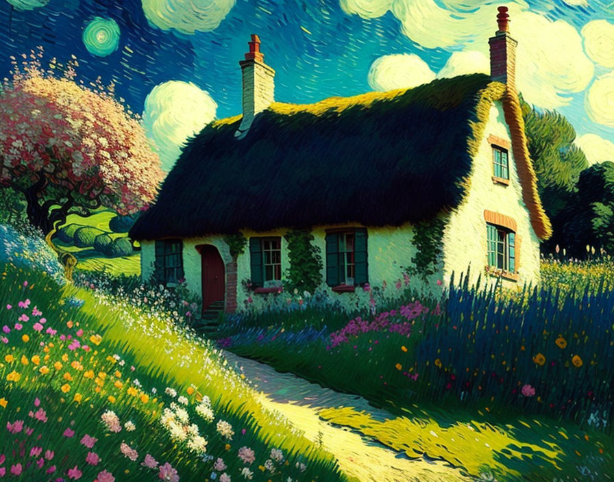 Vibrant Van Gogh-inspired painting of a thatched-roof cottage under starry sky