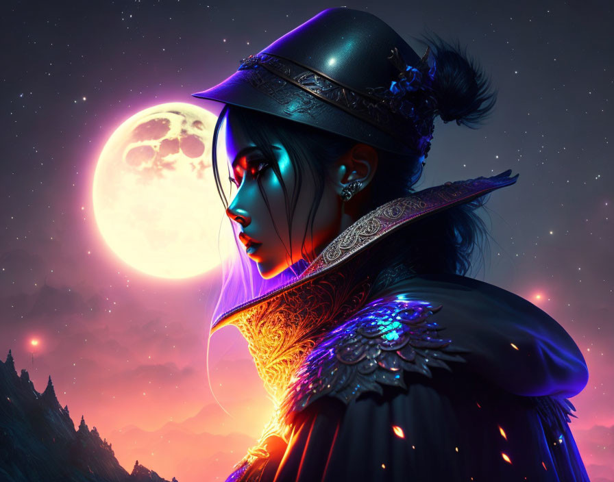 Female warrior in traditional armor under full moon & starlit sky