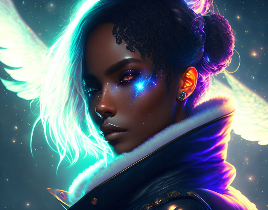 Woman with Glowing Blue Wings and Starry Makeup: Ethereal Digital Art