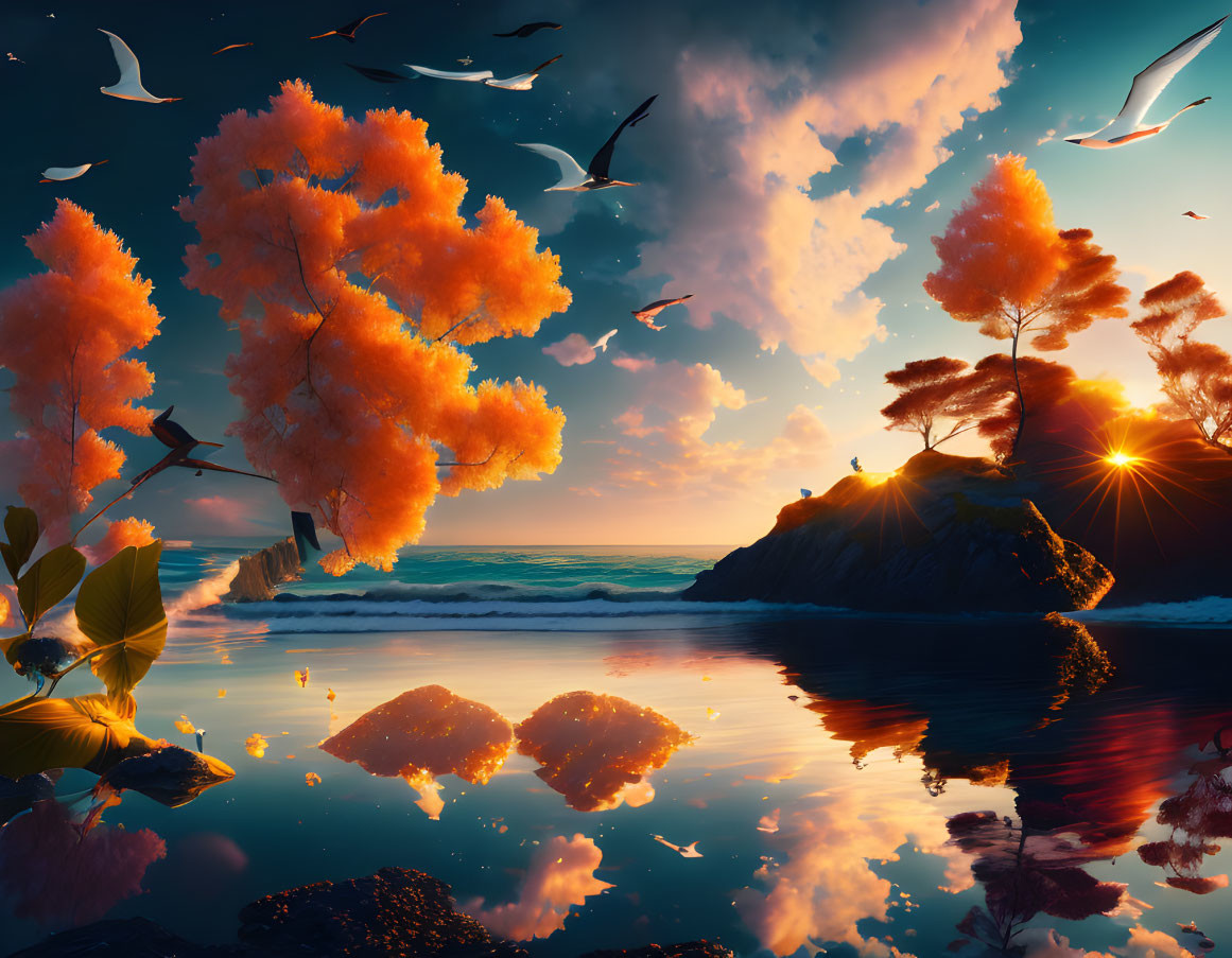 Tranquil Sunset Seascape with Orange Trees and Flying Birds