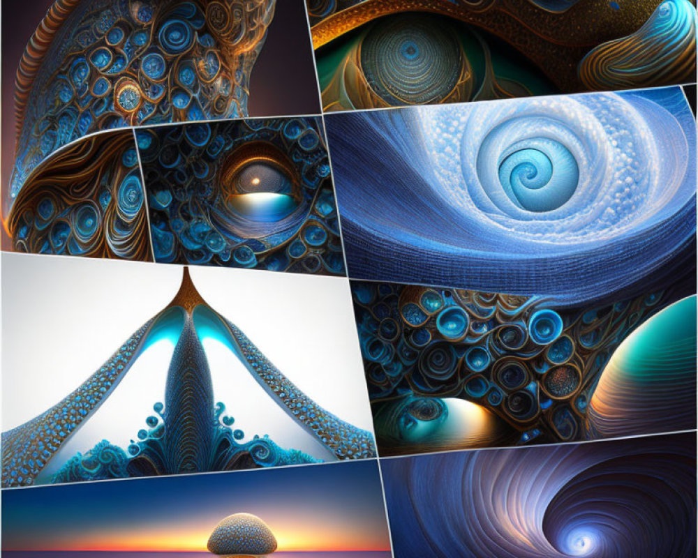 Eight Intricate Fractal Designs in Blue, Golden, and Brown Spiral Patterns