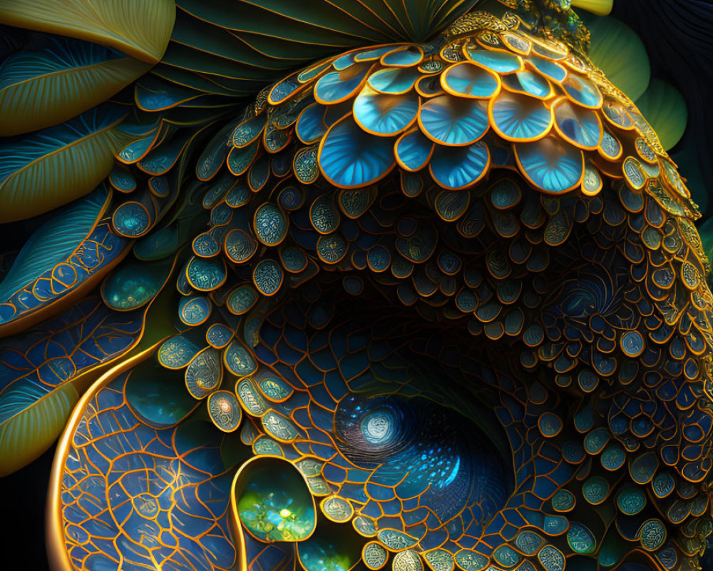 Colorful fractal design with spiraling scales in blue, gold, and green