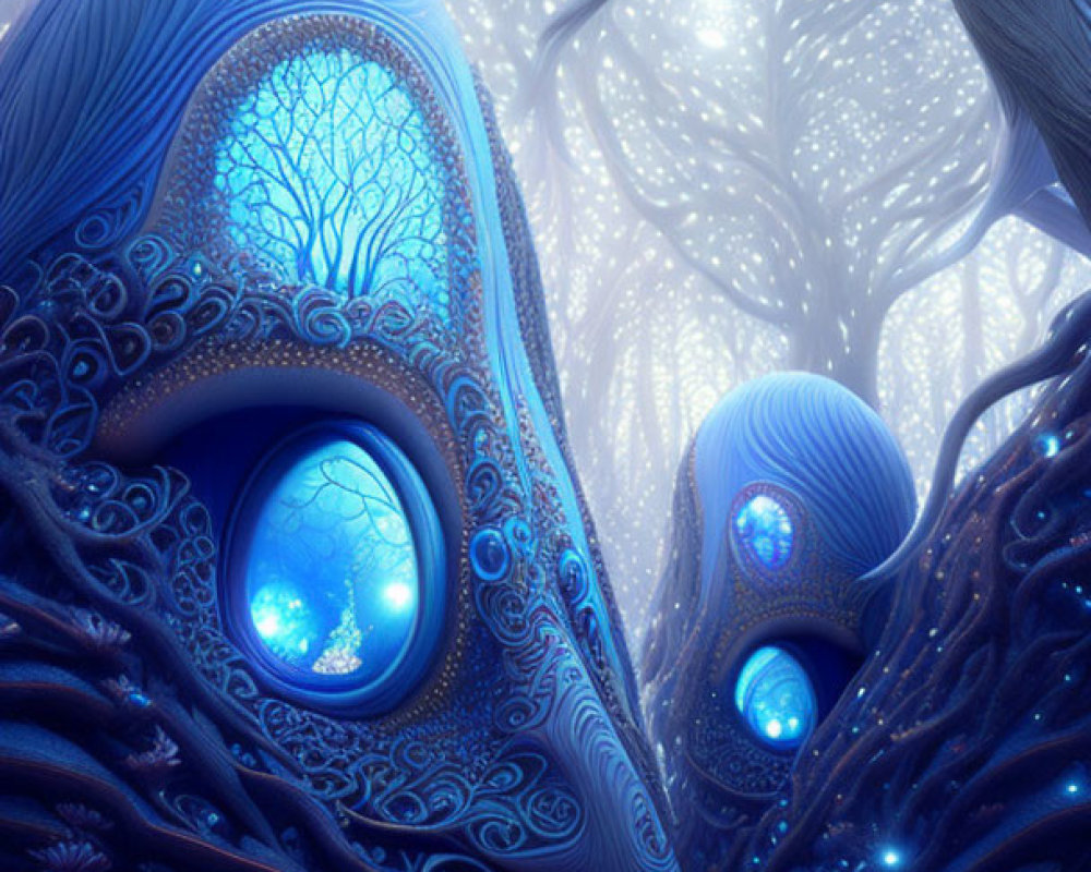 Digital Art: Illuminated Blue Peacock Creatures in Glowing Forest