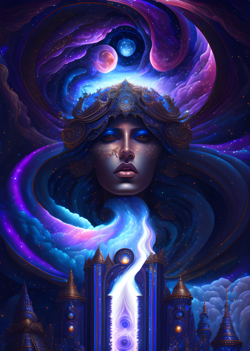 Celestial-themed cosmic illustration of woman with dark skin and closed eyes.