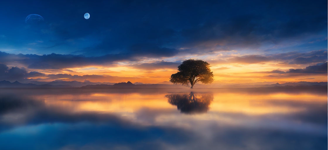 Solitary tree reflected in water under twilight sky with crescent moon