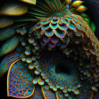 Colorful fractal design with spiraling scales in blue, gold, and green