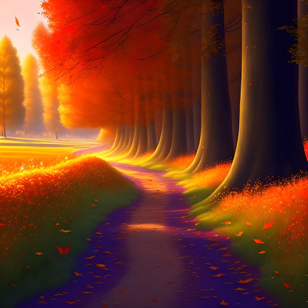 Autumn forest scene with winding path, tall trees, fallen leaves, and glowing sunlight