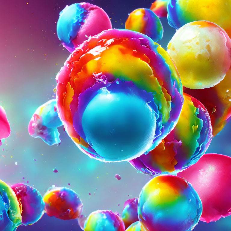 Colorful glossy spheres floating and merging on multicolored backdrop