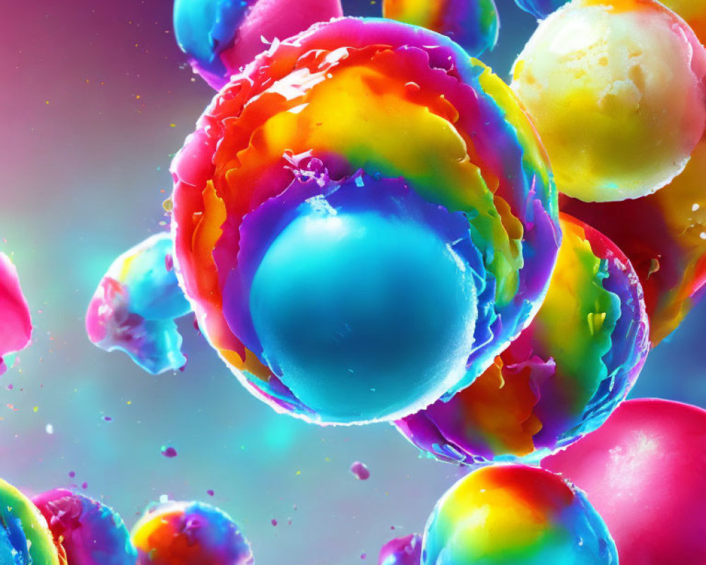 Colorful glossy spheres floating and merging on multicolored backdrop