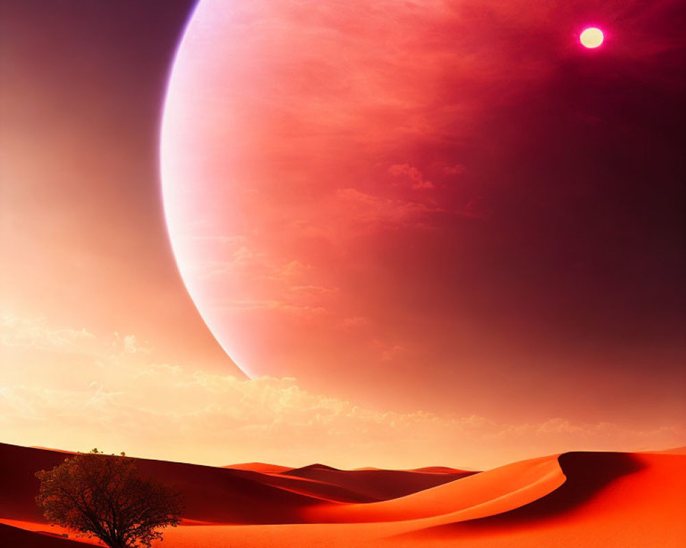 Surreal landscape with massive pink planet, sand dunes, lone tree, and reddish sky