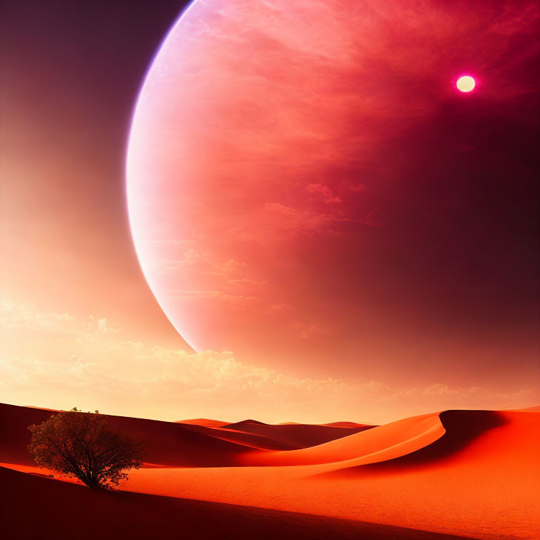 Surreal landscape with massive pink planet, sand dunes, lone tree, and reddish sky