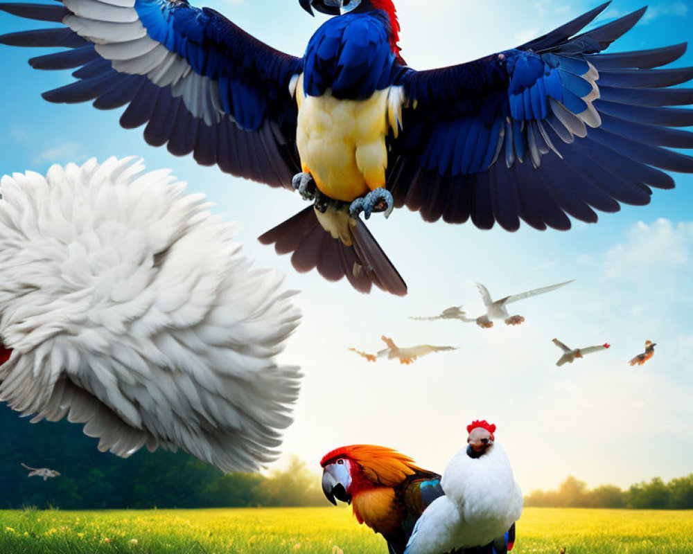 Colorful Macaw Flying Over Field with Other Birds in Serene Sky