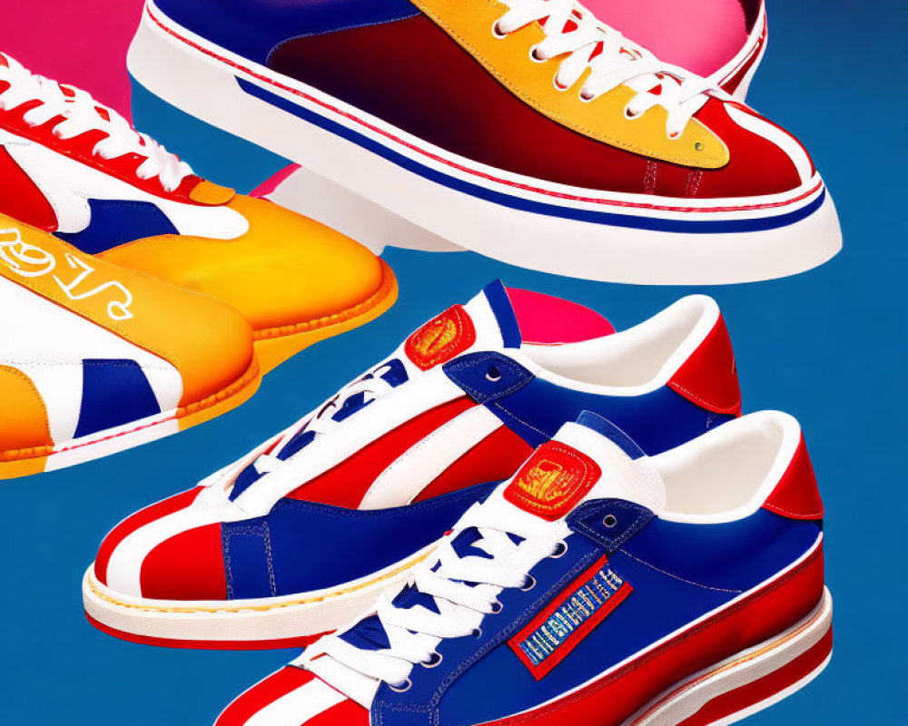 Stylish Sneakers in Red, White, Blue & Gold on Colorful Background