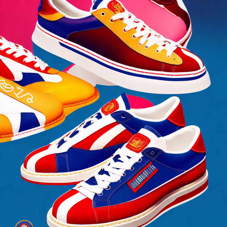 Stylish Sneakers in Red, White, Blue & Gold on Colorful Background