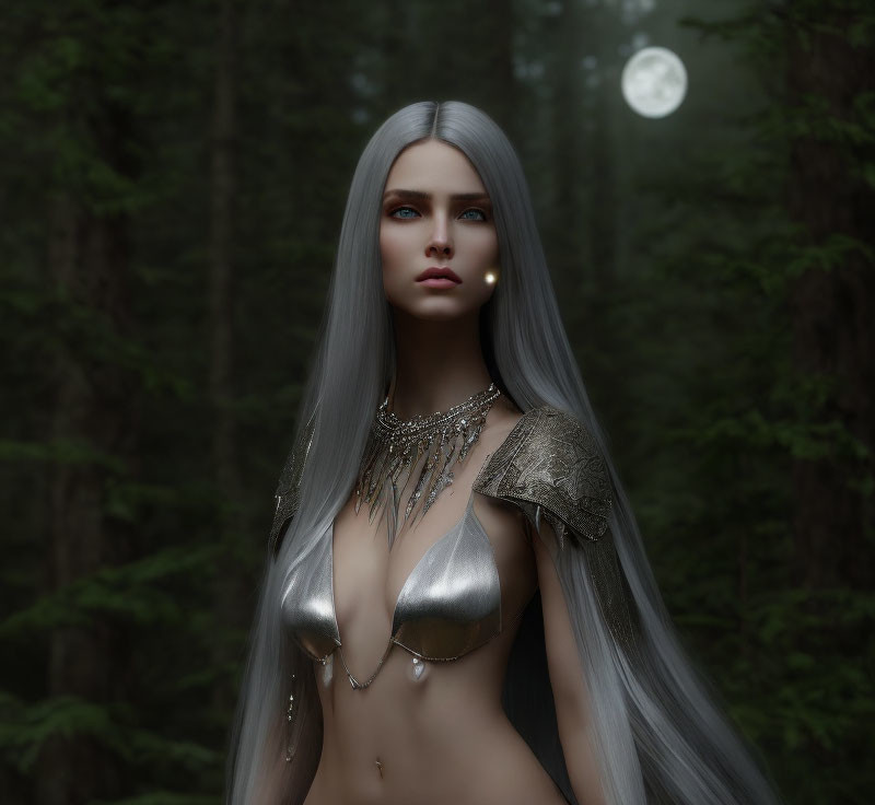 Digital rendering of female figure with silver hair in fantasy armor in moonlit forest