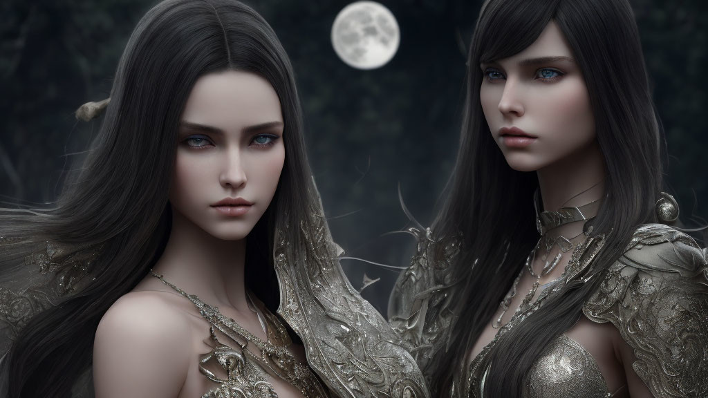 Two women in ornate metallic armor with striking blue eyes in misty forest