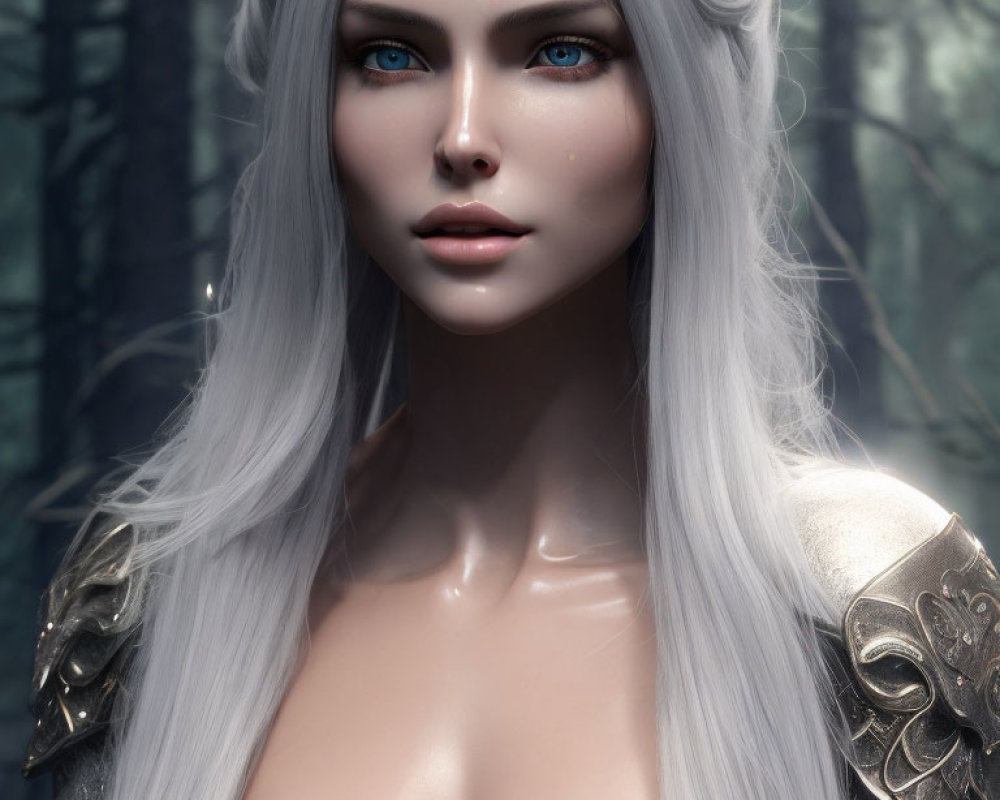 Female character with pale skin, blue eyes, white hair, and ornate shoulder armor in misty