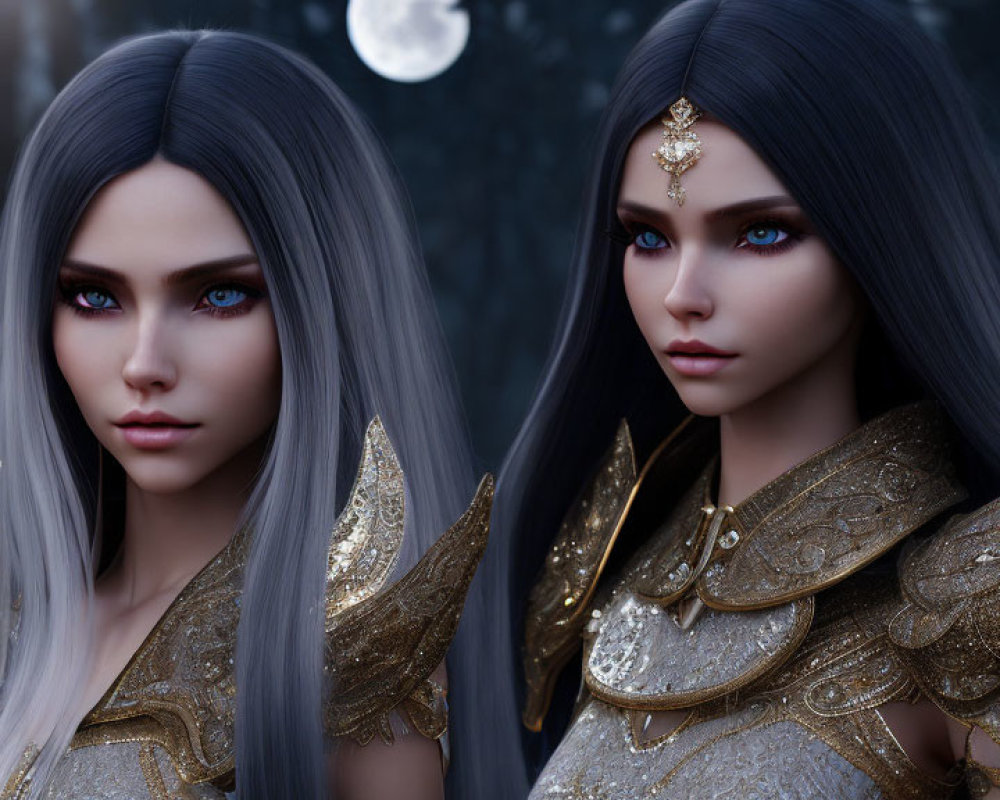 Fantasy female characters with blue hair and golden armor in mystical forest.