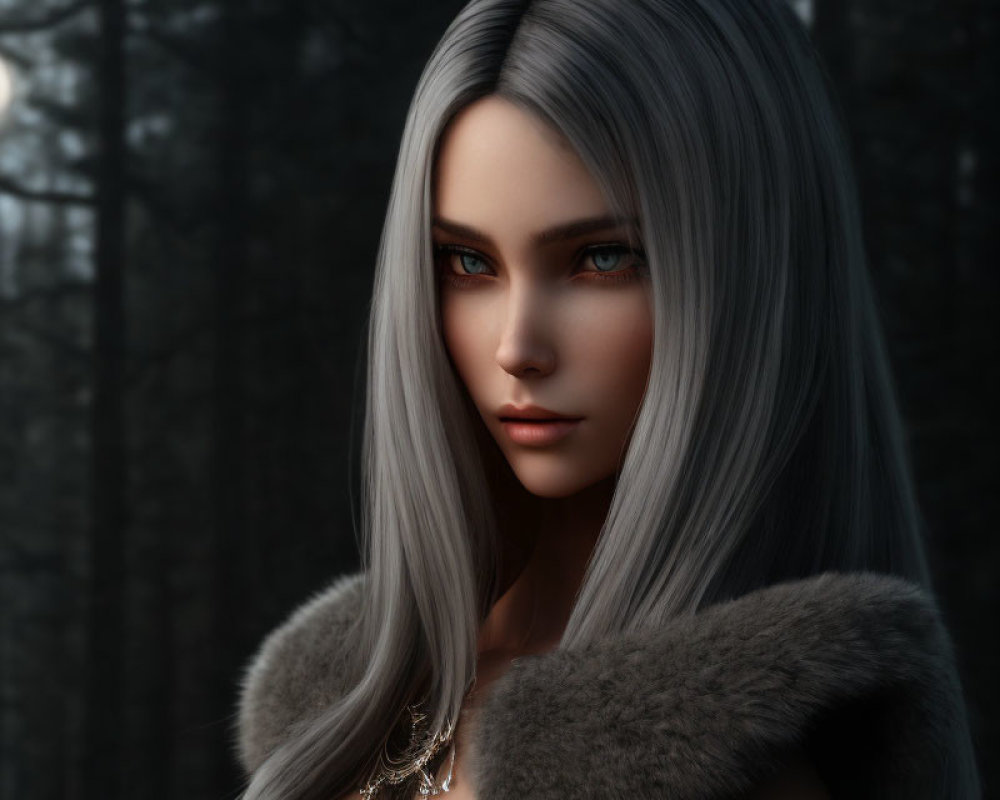 Digital portrait of a woman with silver hair and brown eyes in forest setting