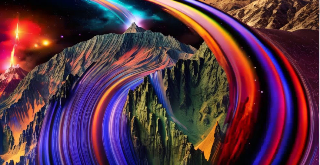 Colorful cosmic ribbons swirling over majestic mountains in digital art